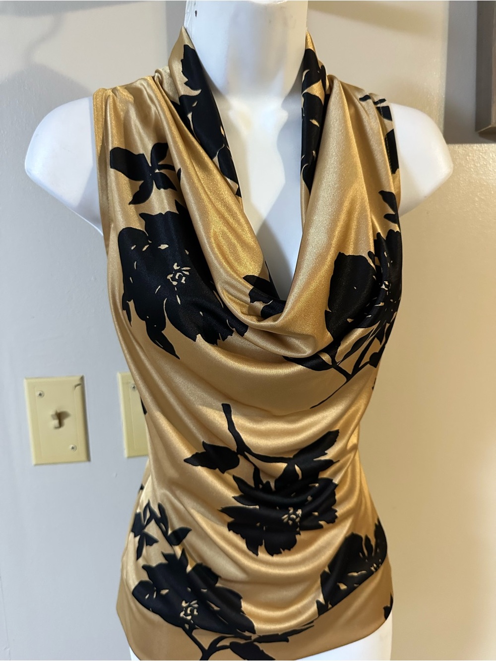 Michael Kors Gold and Black Floral Cowl Neck Blouse